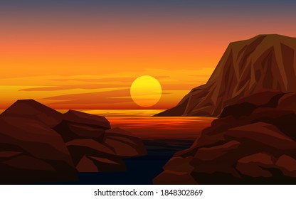 Sunset landscape with cliff and rocks