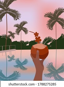 Sunset landscape with coconut by the pool