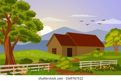 Sunset landscape in countryside with house