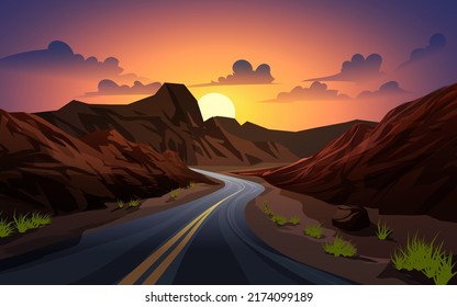 Sunset landscape in desert with mountains and curved road