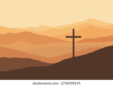 Sunset landscape design with Christian cross silhouette in hills