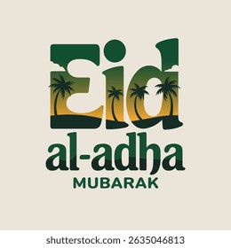 Sunset Landscape with Eid Wishes and Palm Trees Silhouette
