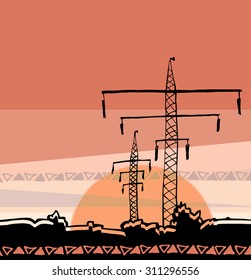 Sunset landscape with electric power line