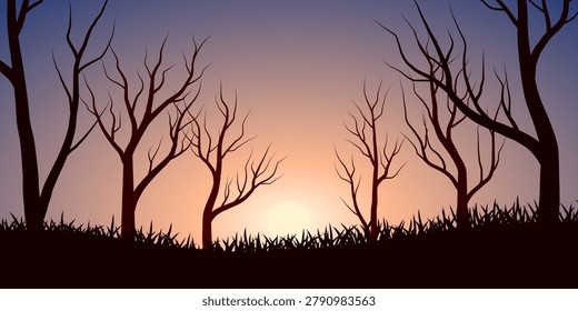 sunset landscape featuring dead tree silhouettes against warm glowing horizon