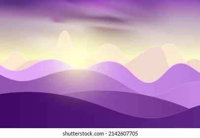 Paisaje al atardecer con campos y colinas. Fondo vectorial de vacaciones de viaje. Concepto de diseño al aire libre
