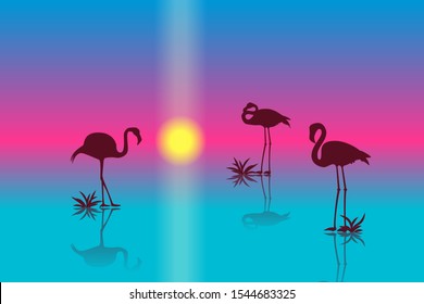 Sunset landscape with flamingo silhouettes. Vector EPS10