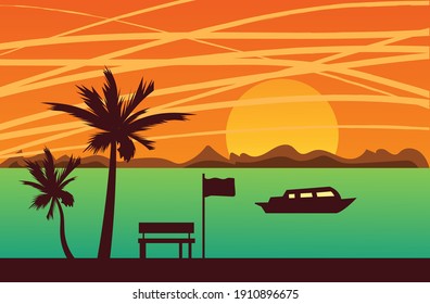 sunset landscape flat illustration, a boat floating on a river with the sun going down at evening and coconut trees, sunset landscape