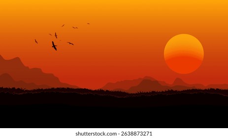 sunset landscape with flying birds, orange sky, and mountain silhouettes in the background