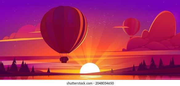 Sunset landscape with flying hot air balloons, lake and sun on horizon. Vector cartoon illustration of airships with baskets fly over river and coniferous forest on coast at evening