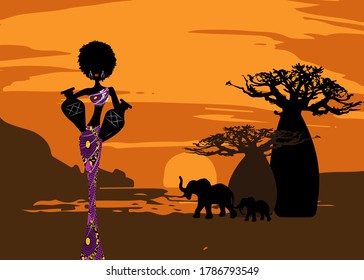 sunset landscape of forest baobab trees, elephants in the savannah and African curly woman carrying water in the pots, dressed in traditional ankara dress. Batik concept savannah safari background 