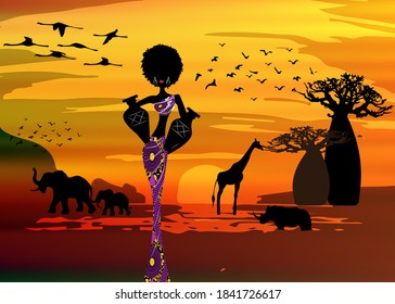sunset landscape of forest baobab trees, elephants in the savannah and African curly woman carrying water in the pots, dressed in traditional ankara dress. Batik concept savannah safari background 