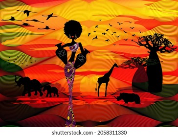 sunset landscape of forest baobab trees, elephants in the savannah. African curly woman carrying water in the pots, dressed in traditional ankara dress. Batik concept safari on wavy background 