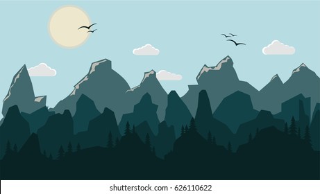 Sunset landscape. Forrest in the mountain. Vector illustration
