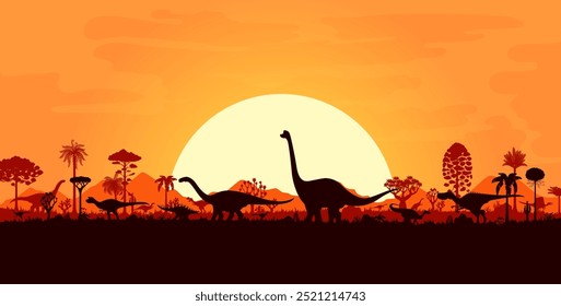 Sunset landscape with giant prehistoric dinosaurs silhouettes. Vector breathtaking scene captures the majestic presence of ancient creatures amidst a dusk backdrop with a large sun in Jurassic world