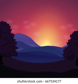 Sunset landscape hills and mountains