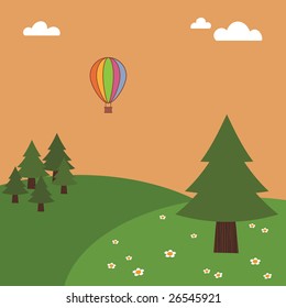 sunset landscape with hot air balloon