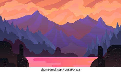 Sunset landscape with huge red mountains and lake. Concept of travel. Vector illustration.
