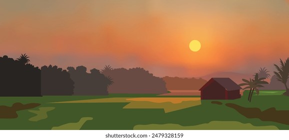 Sunset landscape with a hut in the background. Sun rays sky vector illustration.