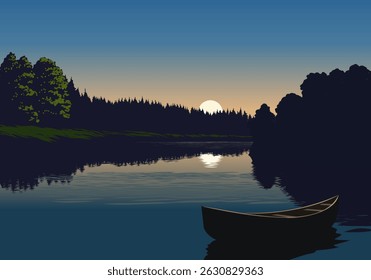 Sunset landscape illustration with an empty boat in the river