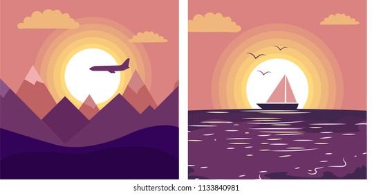 Sunset landscape. Illustration in a flat style, a sailboat on the sea against the backdrop of the setting sun and mountain scenery with a flying airplane.