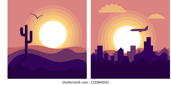 Sunset landscape. Illustration in a flat style, sunset in a desert and a plane flying over an evening city.