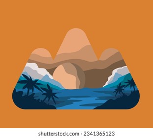 Sunset landscape illustration in flat style with tent, bonfire, mountain, forest and water. Background for summer camp, nature trip, camping or hiking design concept.
