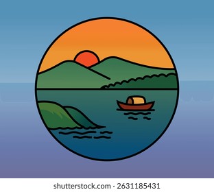 Sunset Landscape Illustration with Mountains and Boat