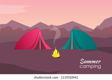 Sunset landscape illustration with mountains, trees, tents and campfire in flat style. Banner for summer camp, nature tourism, camping, hiking, trekking, etc.