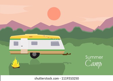 Sunset landscape illustration with trees, camper trailer with glowing lights and campfire in flat style. Poster summer camp, nature tourism, camping, hiking, trekking, etc. Glamping concept. 