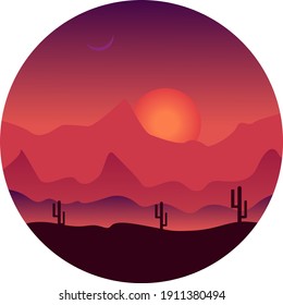 Sunset landscape, illustration, vector on a white background.