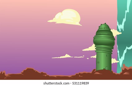 Sunset landscape with a Jade Palace and a big waterfall. Vector illustration