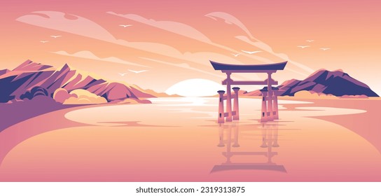 sunset landscape with japanese torii in water and mountains. Pink, orange and purple gradient. Vector illustration