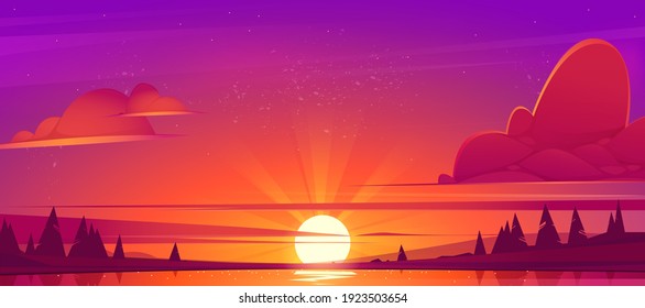Sunset landscape with lake, clouds on red sky, silhouettes on hills and trees on coast. Vector cartoon illustration of nature scenery with sunrise, coniferous forest on river shore