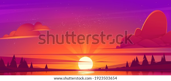 Sunset\
landscape with lake, clouds on red sky, silhouettes on hills and\
trees on coast. Vector cartoon illustration of nature scenery with\
sunrise, coniferous forest on river\
shore