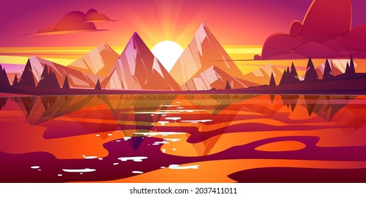 Sunset landscape with lake, mountains and trees on coast. Vector cartoon illustration of nature scenery with coniferous forest on river shore, rocks, clouds and sun with rays at evening