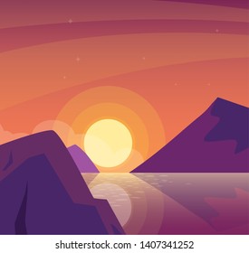 sunset landscape with lake scene icon