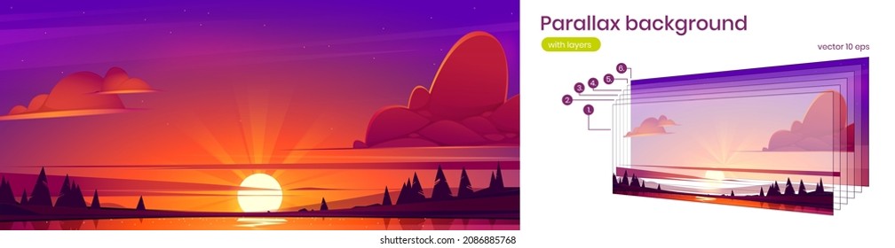 Sunset landscape with lake, sun on horizon and silhouettes of trees on coast. Vector parallax background for 2d game animation with cartoon nature scene with forest on river shore at evening