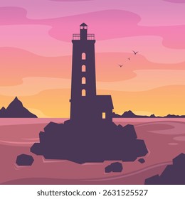 Sunset landscape with lighthouse on rocks in the sea. Coastal, guiding lighthouse. Tower.