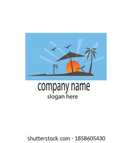 sunset landscape logo illustration coconut tree, summer symbol vector design