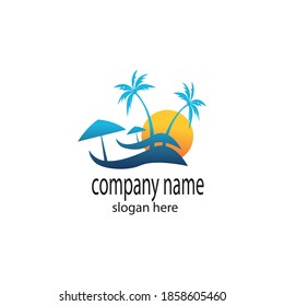 sunset landscape logo illustration coconut tree, summer symbol vector design