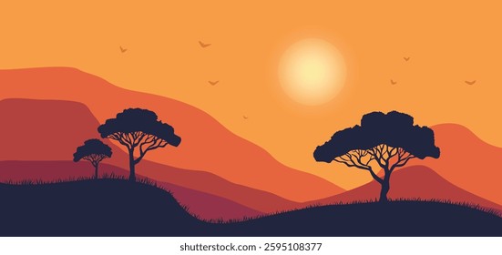 sunset landscape, lonely calm mood, nature tropical warm breeze, wide banner poster background, vector illustration