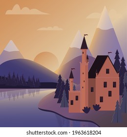 Sunset landscape with magic castle near lake, mountains and pine forest.