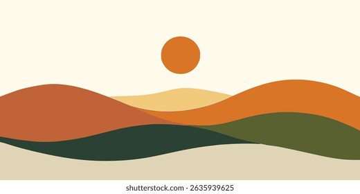 Sunset Landscape Minimalist Hill Design Orange and Green Tones