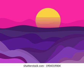 Sunset landscape in a minimalist style. Boho typographic decor for prints, posters and interior designs. Mid-century modern decor. Vector illustration