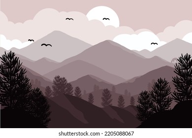 Sunset landscape with misty forest, distant mountains and sunset sky. Traditional oriental ink painting sumi-e, u-sin, go-hua