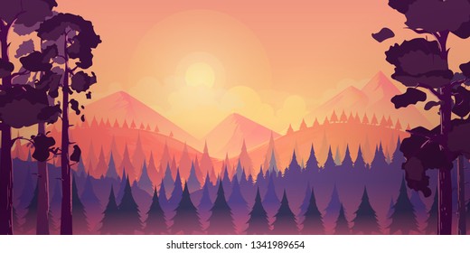 Sunset landscape with mountain and forest, vector illustration for you project