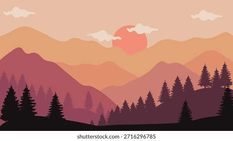 Sonnenuntergang mit Landschaft Berge braun orange Farbe mit Silhouette Kiefern. Vektorgrafik