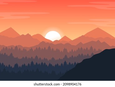Sunset Landscape of Mountains, Hill, Wilderness, Sands, Lake and Valley in Flat Wild Nature for Poster, Banner or Background Illustration