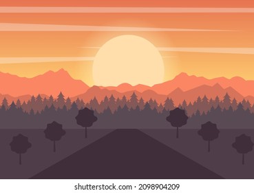 Sunset Landscape of Mountains, Hill, Wilderness, Sands, Lake and Valley in Flat Wild Nature for Poster, Banner or Background Illustration