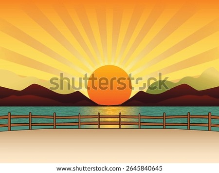 Sunset Landscape with Mountains and Ocean – Vibrant Nature Scene Vector Illustration